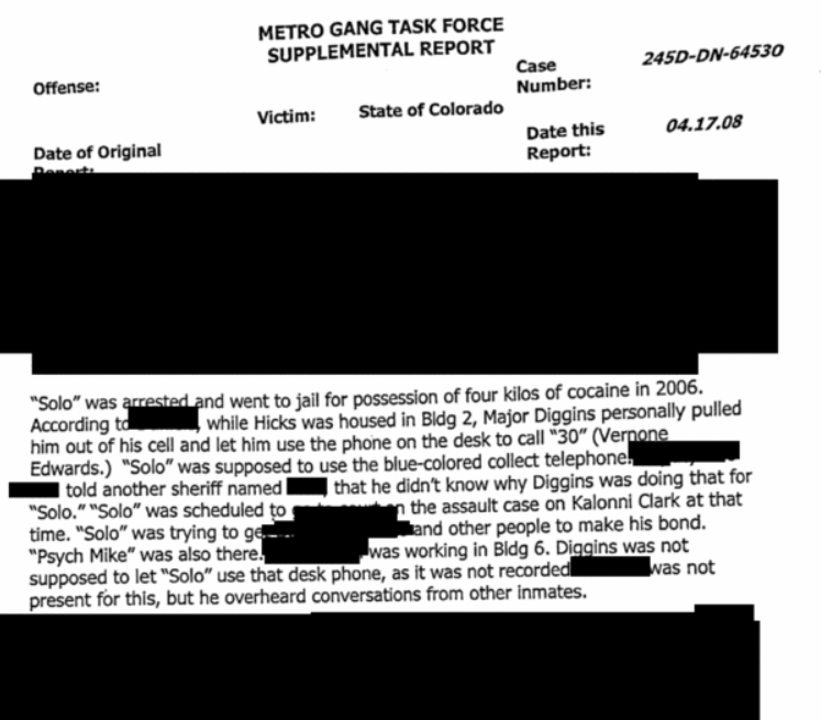 Supplemental Metro Gang Task Force report on informant statement regarding Diggins
